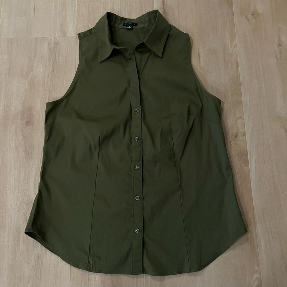 Ann Taylor Green Button Down Shirt Fitted Notched Collar